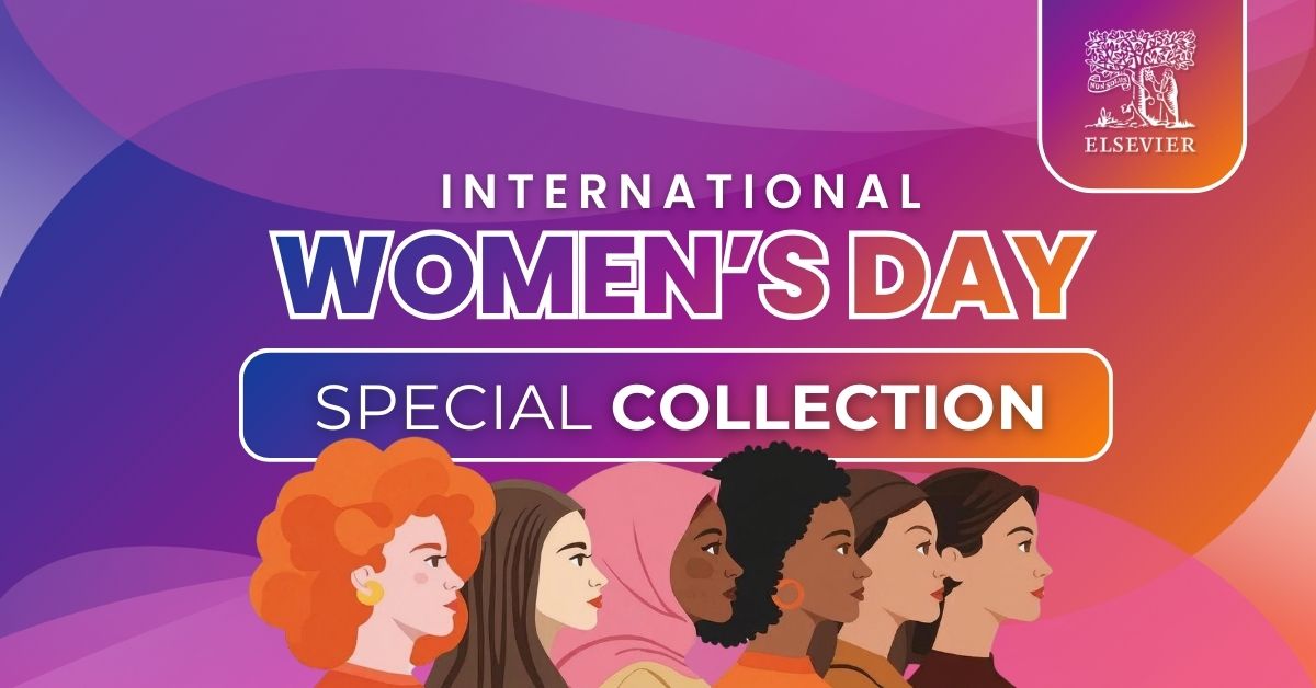 International Women's Day Special Collection title page with a purple and red background and Elsevier logo