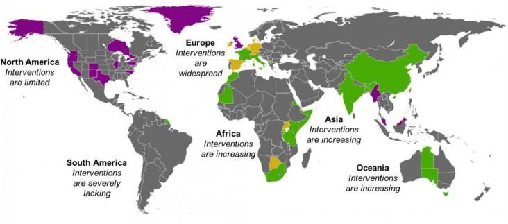 Phase out of lightweight plastic bags around the world. Green: Plastic bags banned; Yellow: Taxes on some plastic bags; Purple: partial tax or ban (municipal or regional levels) (adapted from Elekhh - Own work, CC BY-SA 3.0, https://commons.wikimedia.org