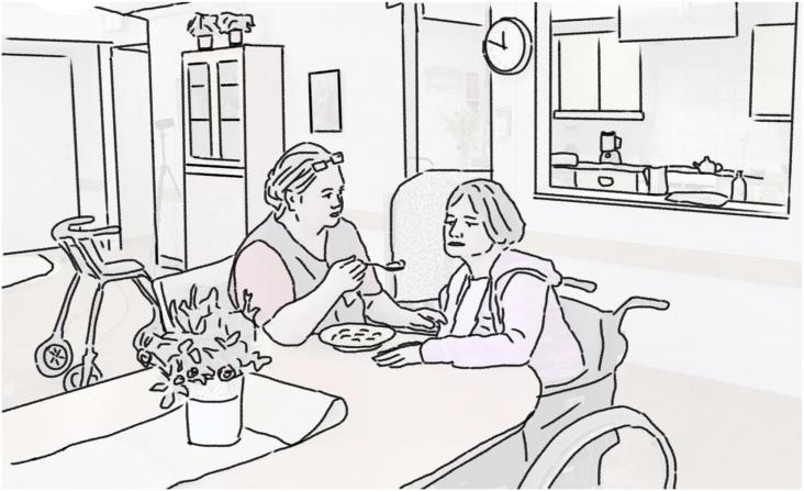 A carer (on the left) gives food to the person with dementia (on the right). A carer (on the left) gives food to the person with dementia (on the right).