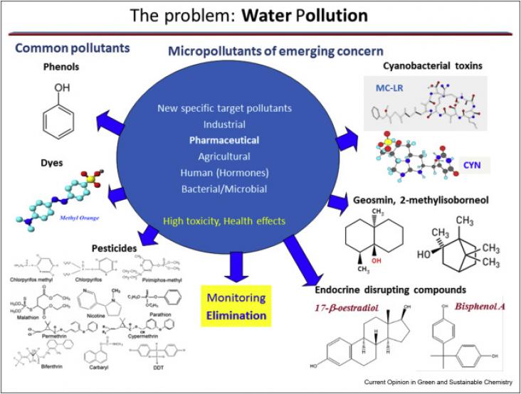 Figure showing the great variety of common pollutants and pollutants of emerging concern in water. Figure showing the great variety of common pollutants and pollutants of emerging concern in water.
