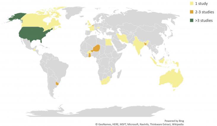 Geographical distribution of the 64 studies reviewed in this article. Number of studies in the highlighted countries ranged from 1 to 39.
