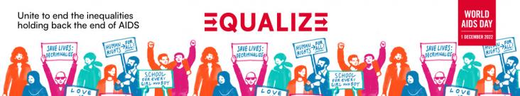 World AIDS Day banner Banner image graphic showing people holding up signs; caption reads Unite to end the inequalities holding back the end of AIDS