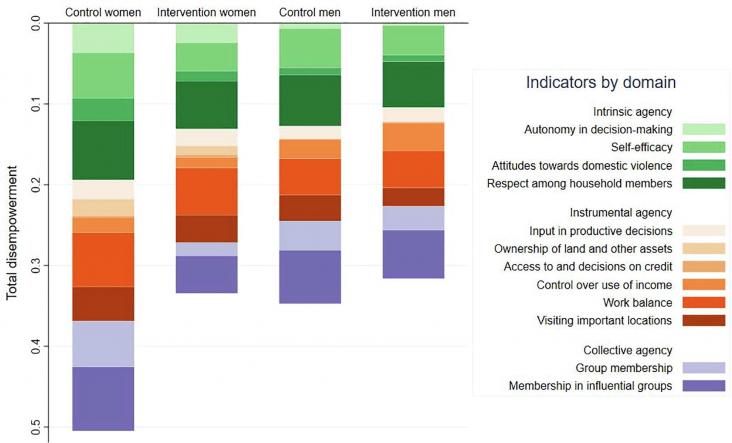 Fig. 2. The indicator- and domain-wise contributions to disempowerment in agency, by sex and FAARM intervention group. Fig. 2. The indicator- and domain-wise contributions to disempowerment in agency, by sex and FAARM intervention group.