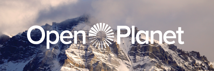 Snow covered mountains with Open Planet logo 