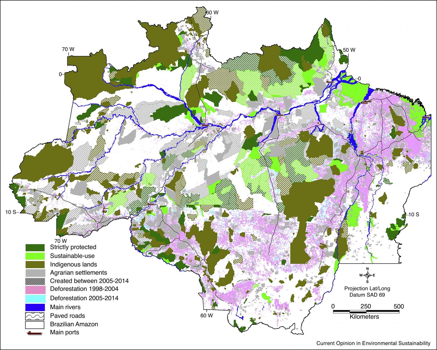 Spatial distribution of deforestation observed in 1988–2004 and 2005–2014. Spatial distribution of deforestation observed in 1988–2004 and 2005–2014, including the main territorial units (agrarian settlements) created prior to 2004 and subsequently, along with key transportation infrastructure (paved roads and ports).