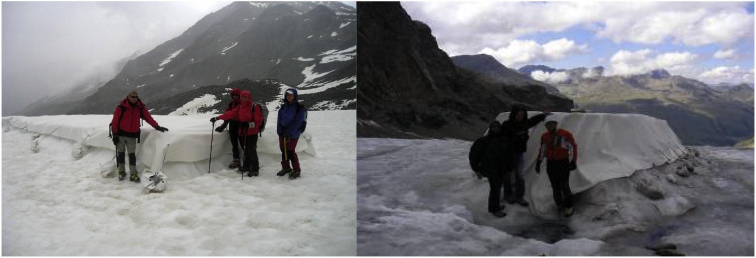 .The effectiveness of the non-woven geotextile ICE PROTECTOR 500 © on Dosdè Est Glacier: on 14th June 2008 (left) and on 4th October 2008 (right).
