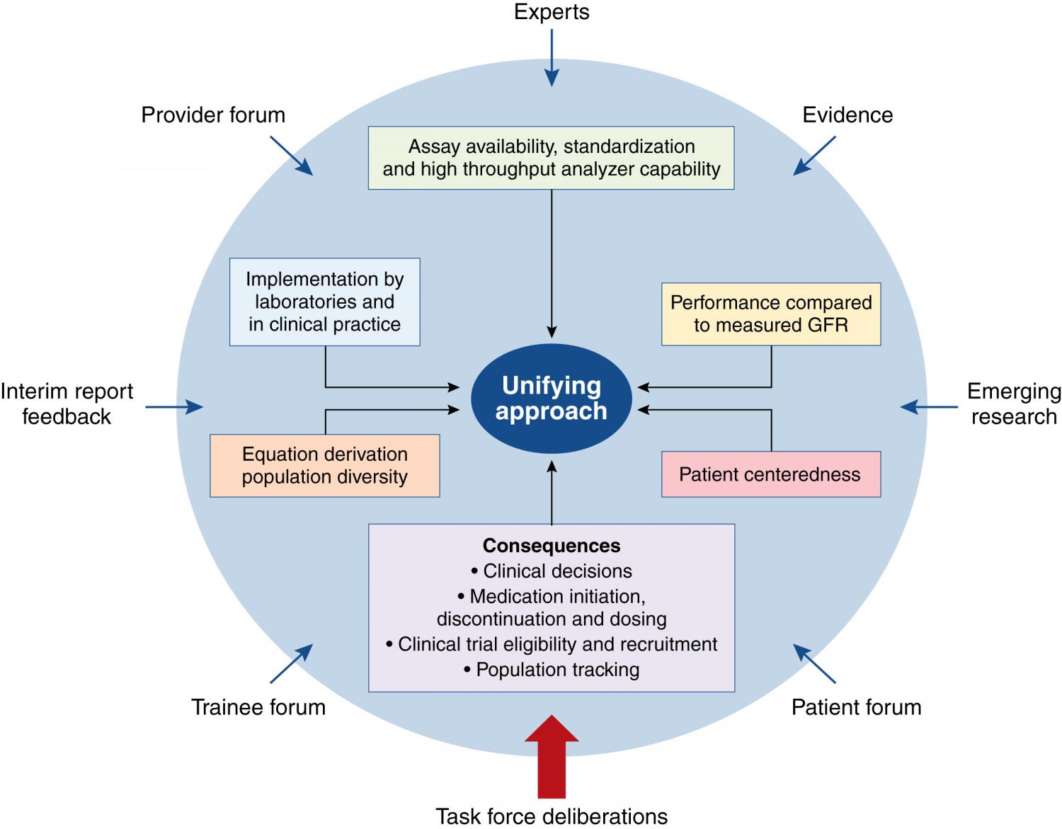 Process and input to create a unifying approach to GFR estimation. This comprehensive strategy used sources (blue arrows) to identify and evaluate attributes (boxes) of 26 approaches.