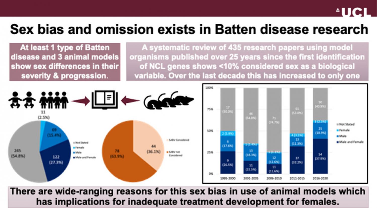 Graphical abstract Infographic showing how sex bias and omission exists in Batten disease research