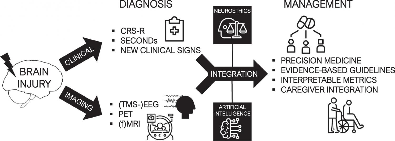 Multimodal management of brain-injured patients. The combination of reliable clinical assessments and multimodal measures of brain activity allow the realization of an accurate diagnosis of consciousness.