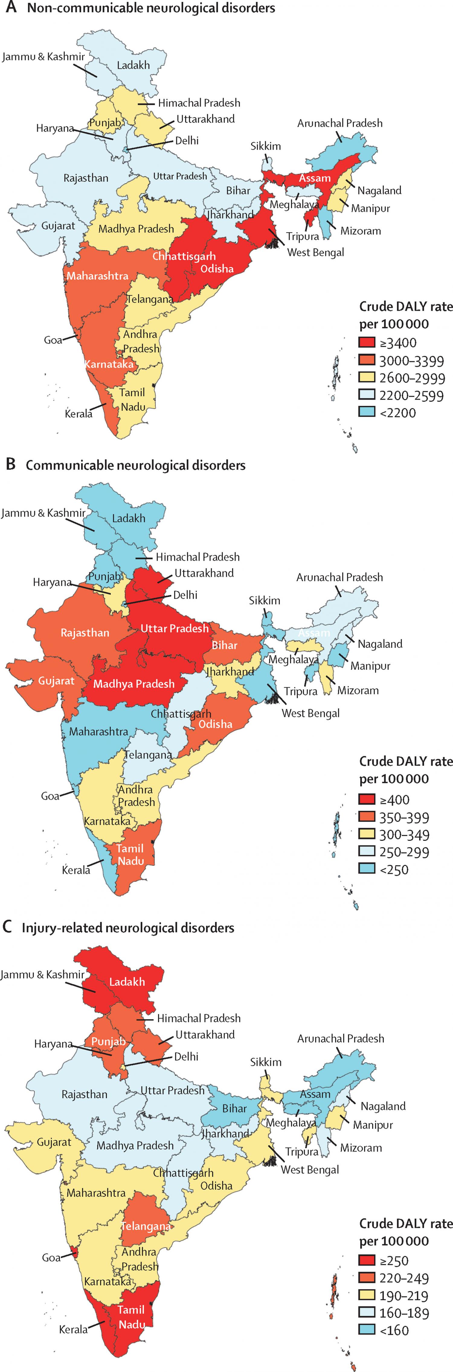 Crude DALY rates of non-communicable, communicable, and injury-related neurological disorders in the states of India, 2019. Crude DALY rates of non-communicable, communicable, and injury-related neurological disorders in the states of India, 2019.