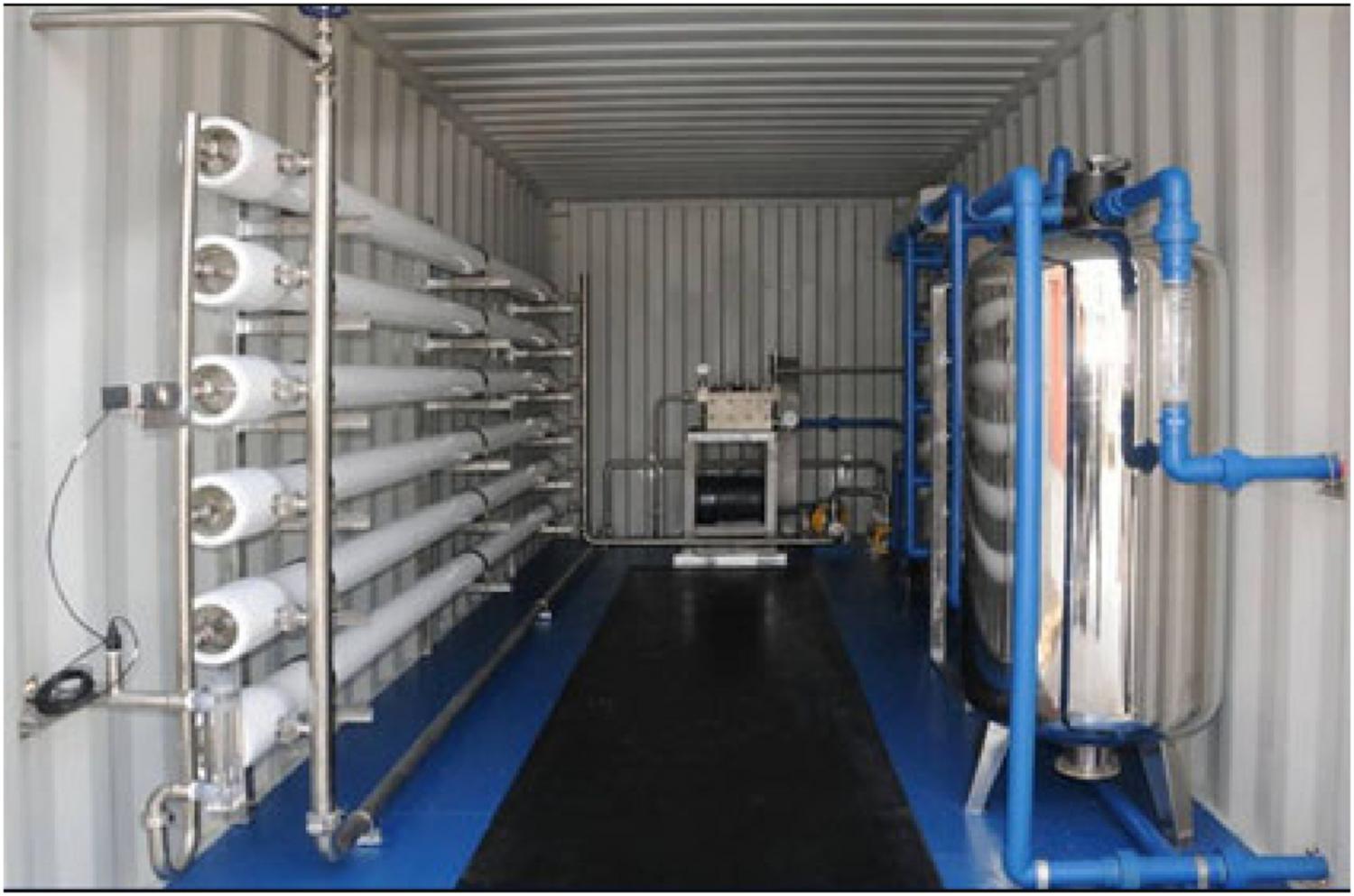 Internal view of a containerized seawater RO desalination unit.