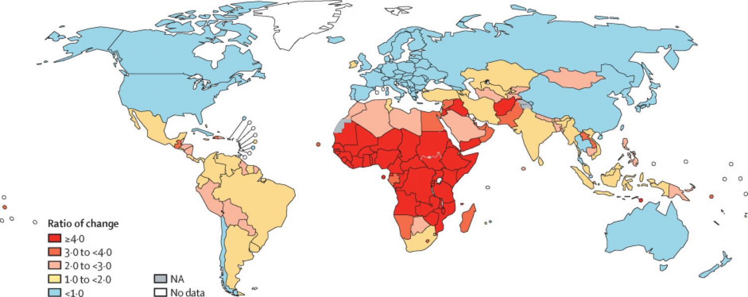 Ratio of the average number of expected cervical cancer cases across birth cohorts born between 2005 and 2014 in the absence of vaccination versus the total number of cases estimated in 2018 Ratio of the average number of expected cervical cancer cases across birth cohorts born between 2005 and 2014 in the absence of vaccination versus the total number of cases estimated in 2018