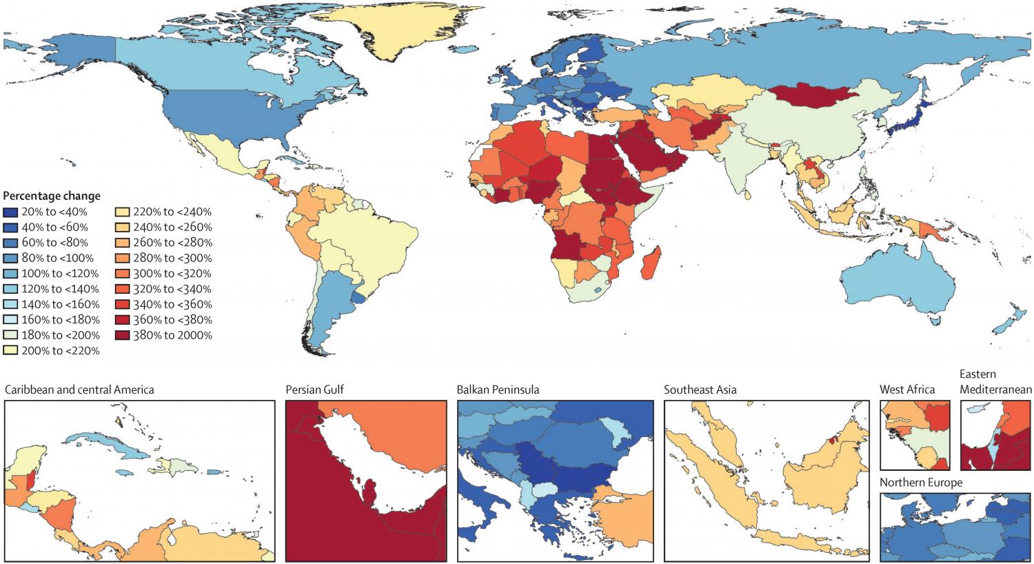 Percentage change between 2019 and 2050 in all-age number of individuals with dementia by country. Percentage change between 2019 and 2050 in all-age number of individuals with dementia by country.