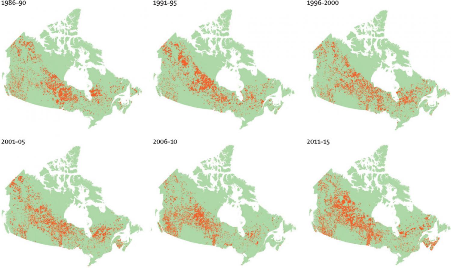 Area of forest burned in Canada from 1986 to 2015. Orange colour shows burned area. Area of forest burned in Canada from 1986 to 2015. Orange colour shows burned area.