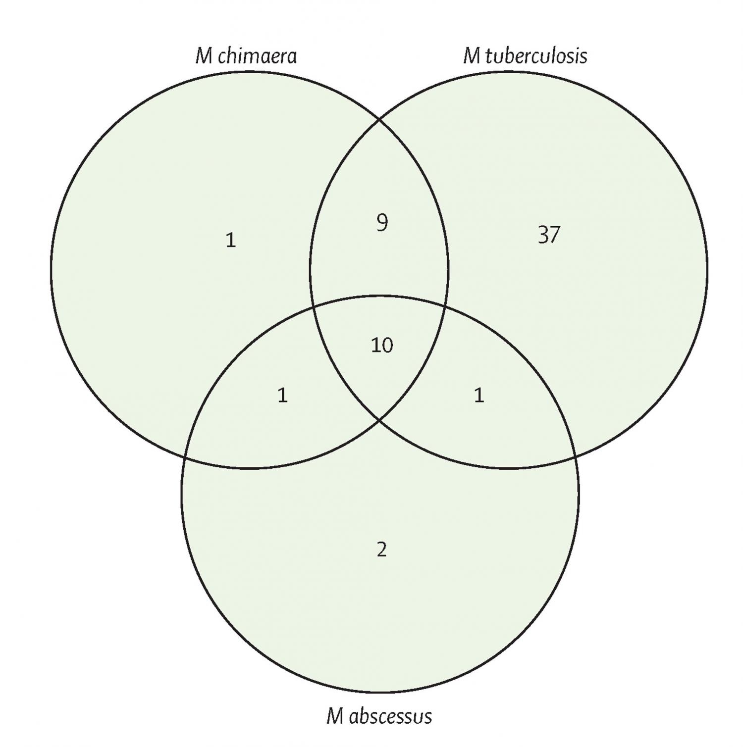 Venn diagram describing the overlap in antimicrobial compound hits against M chimaera, M abscessus, and M tuberculosis. Venn diagram describing the overlap in antimicrobial compound hits against M chimaera, M abscessus, and M tuberculosis.