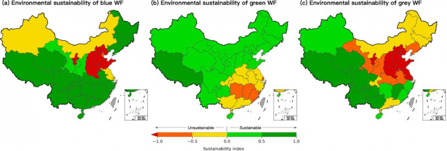 Environmental sustainability of water footprint (WF). (a): Blue WF; (b): Green WF; (c): Grey WF. (For interpretation of the references to color in this figure legend, the reader is referred to the web version of this article.)