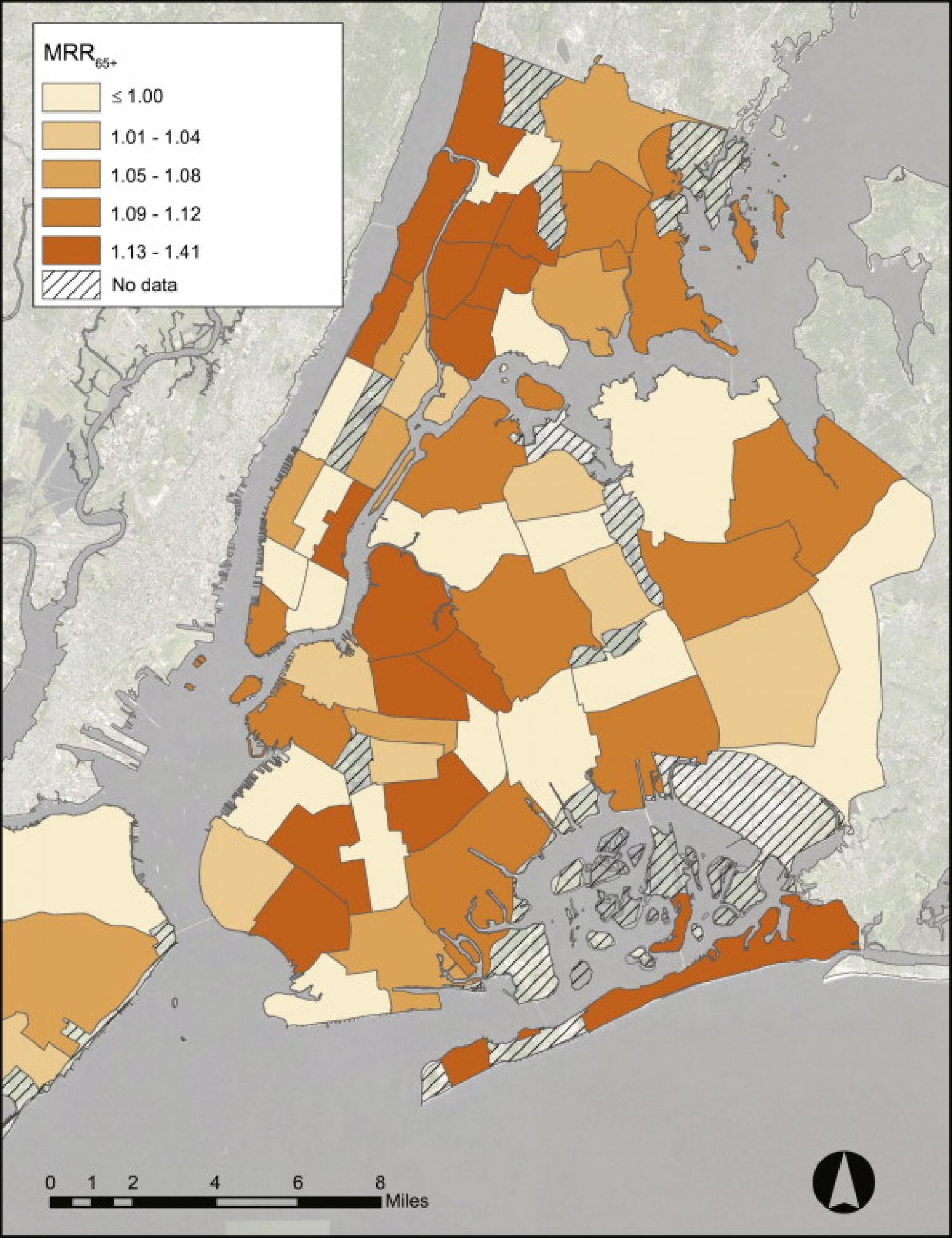 Mortality Rate Ratios for seniors age 65 and older (MRR65+) by New York City Community District (n=59). Mortality Rate Ratios for seniors age 65 and older (MRR65+) by New York City Community District (n=59). The MRR65+ compares mortality rates during very hot days (maximum heat index=100 °F+) to all May through September days, 1997–2006.
