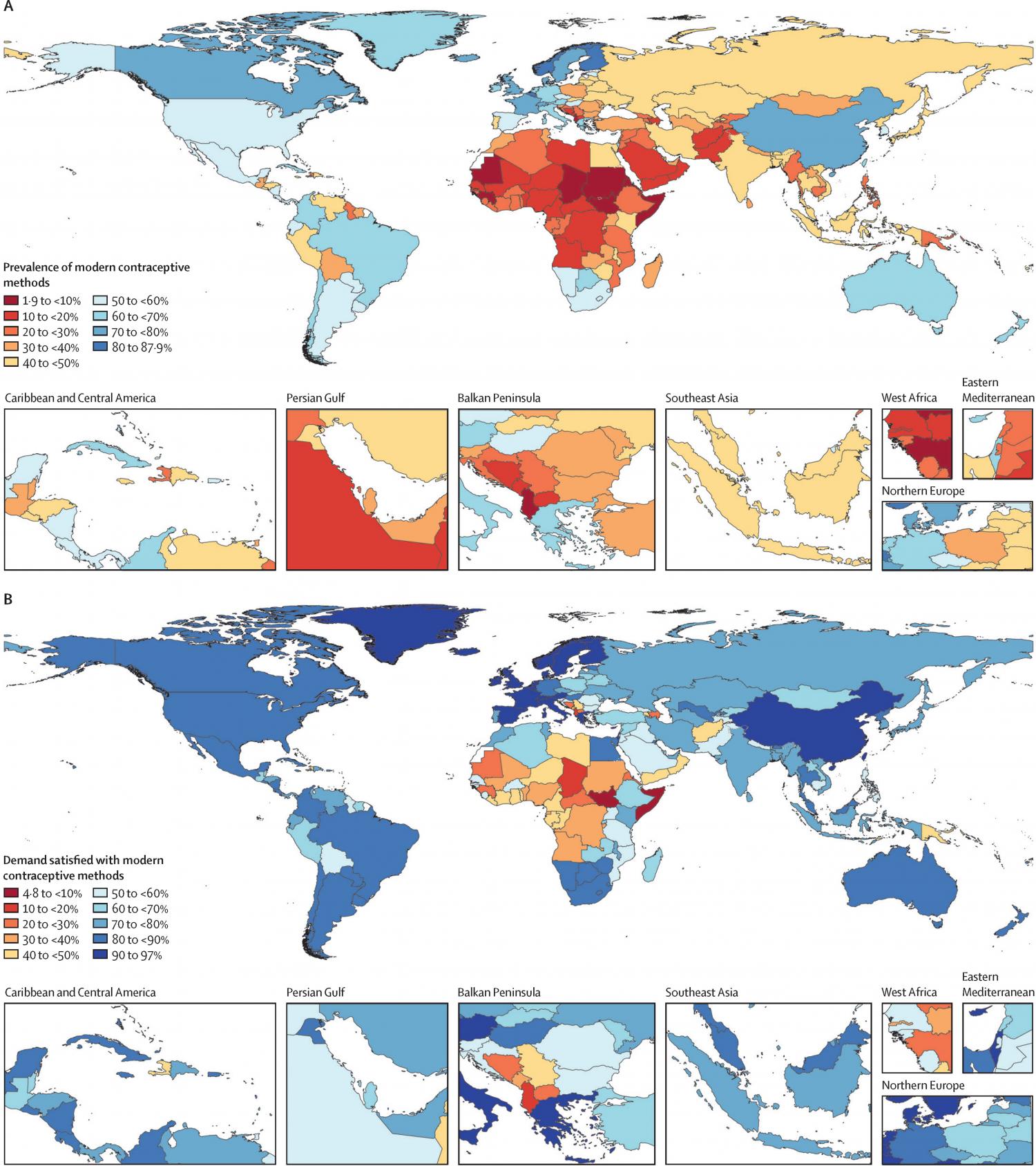 Figure 1. Prevalence of modern contraceptive methods among women of reproductive age (15–49 years) and demand satisfied with modern contraceptive methods by location, 2019 Figure 1. Prevalence of modern contraceptive methods among women of reproductive age (15–49 years) and demand satisfied with modern contraceptive methods by location, 2019