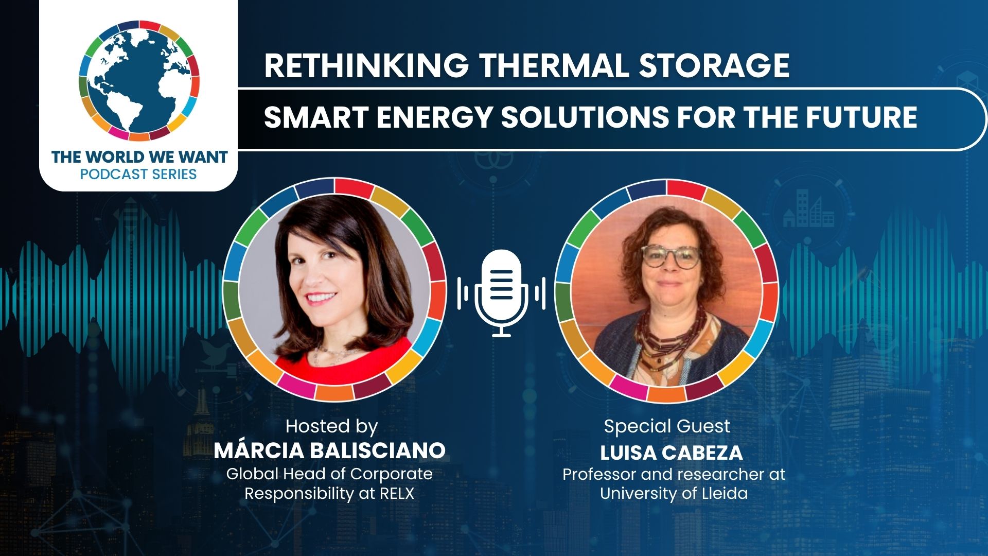 Image of podcast host and guest against blue background with the World We Want podcast series logo