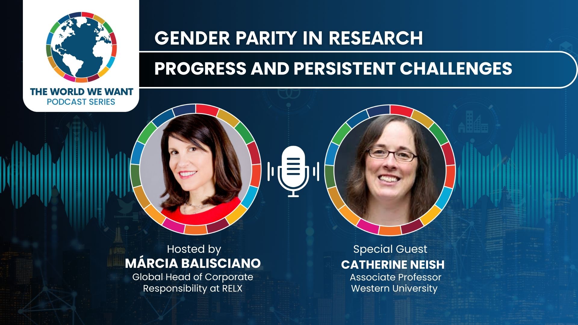 Image of podcast host and guest on blue background with The World We Want podcast logo