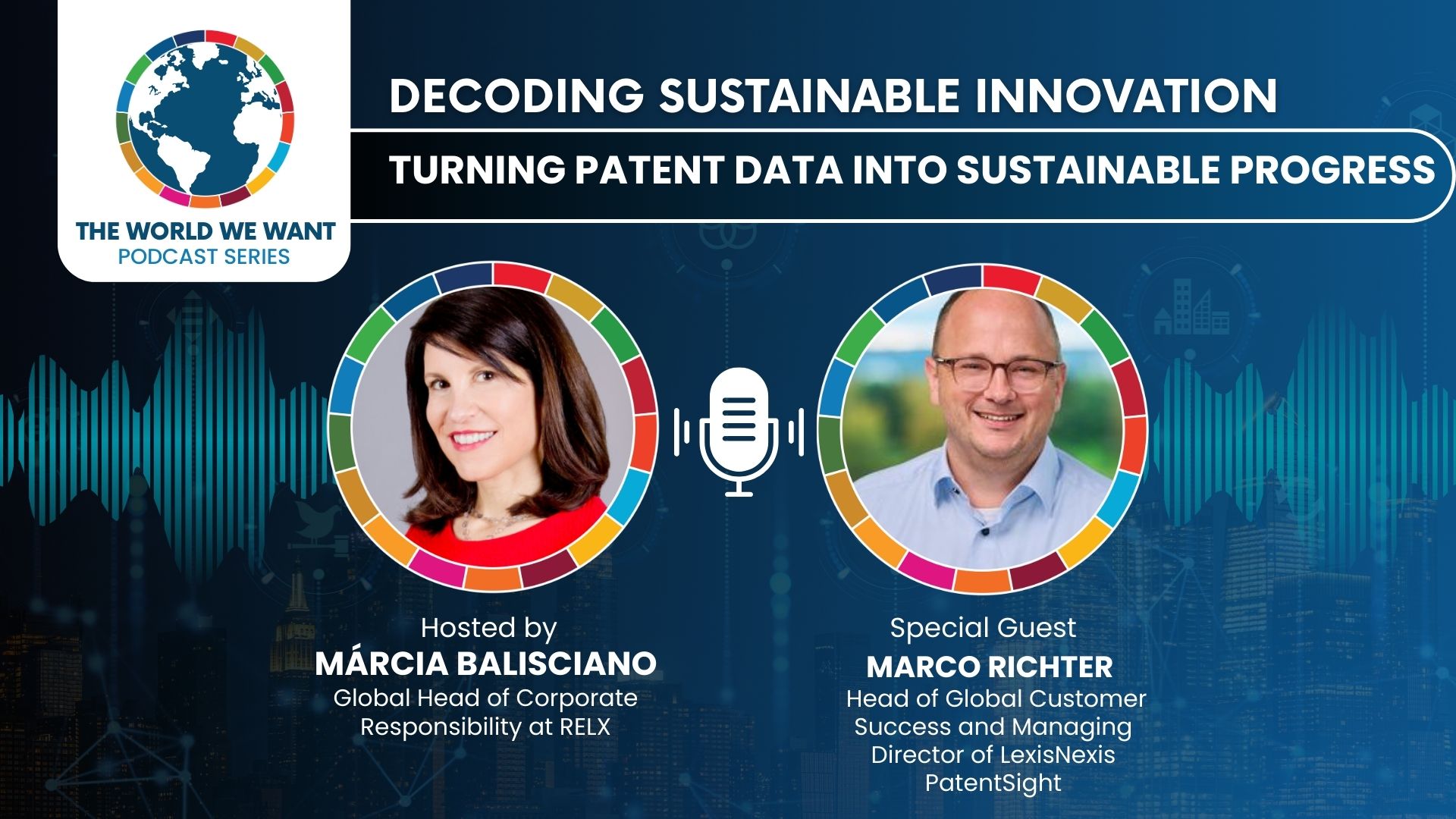 Image of pdcast host and guest against a blue background with The World We Want logo